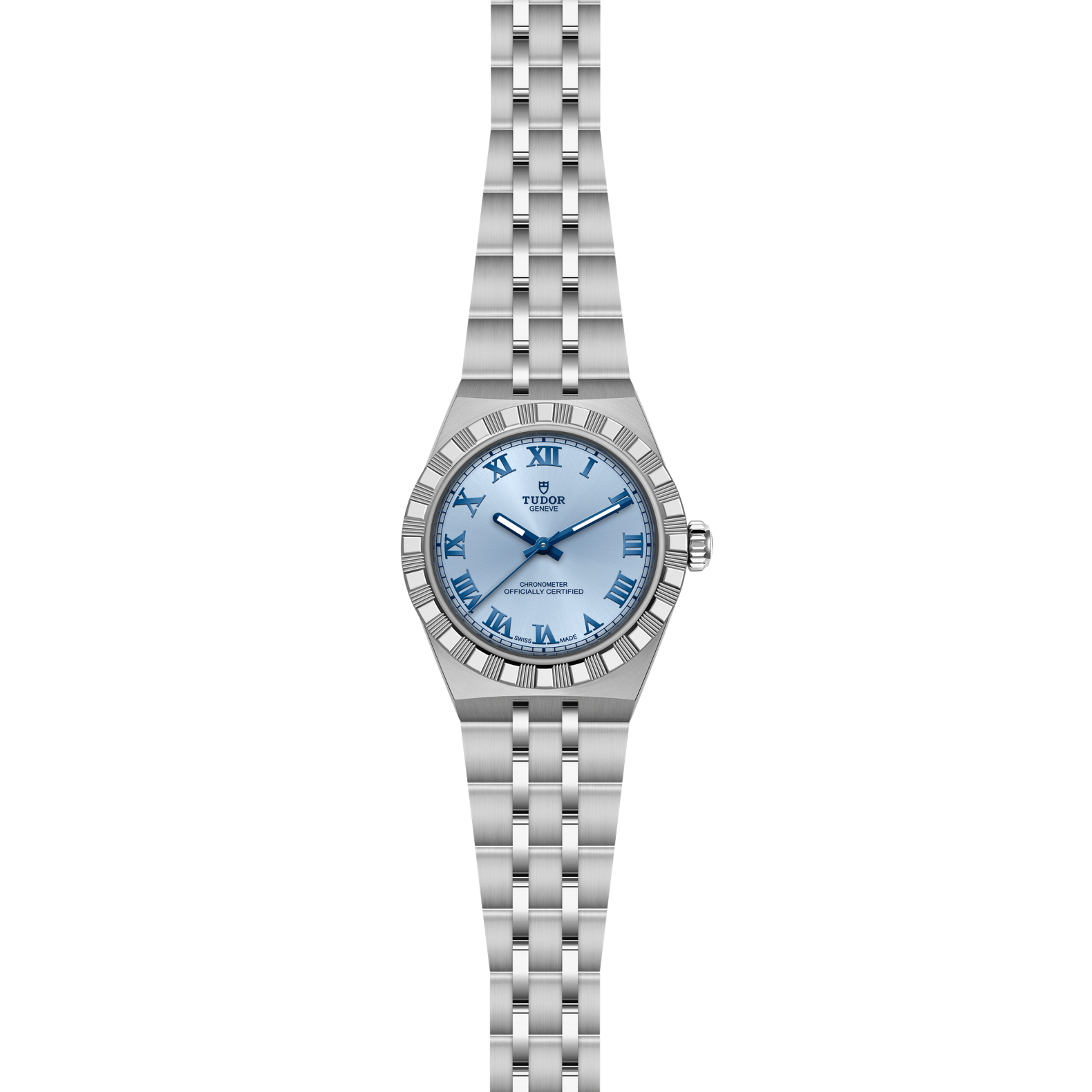 Silver watch with blue face on a white background