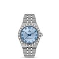 Front view of TUDOR Royal 30mm steel watch showing light blue dial with Roman numerals and steel 5-link bracelet