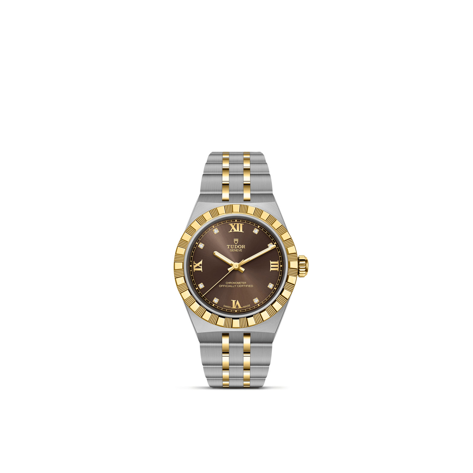 Front view of TUDOR Royal 30mm steel and yellow gold watch with brown dial, fluted gold bezel and two-tone bracelet