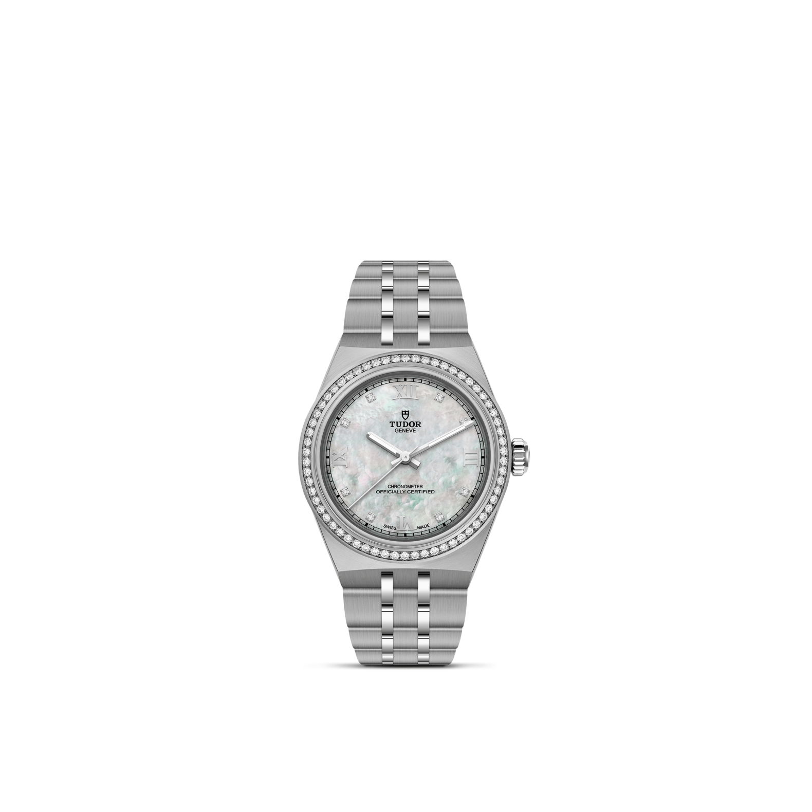 Silver Tudor watch with a mother of pearl face with a diamond bezel on a white background