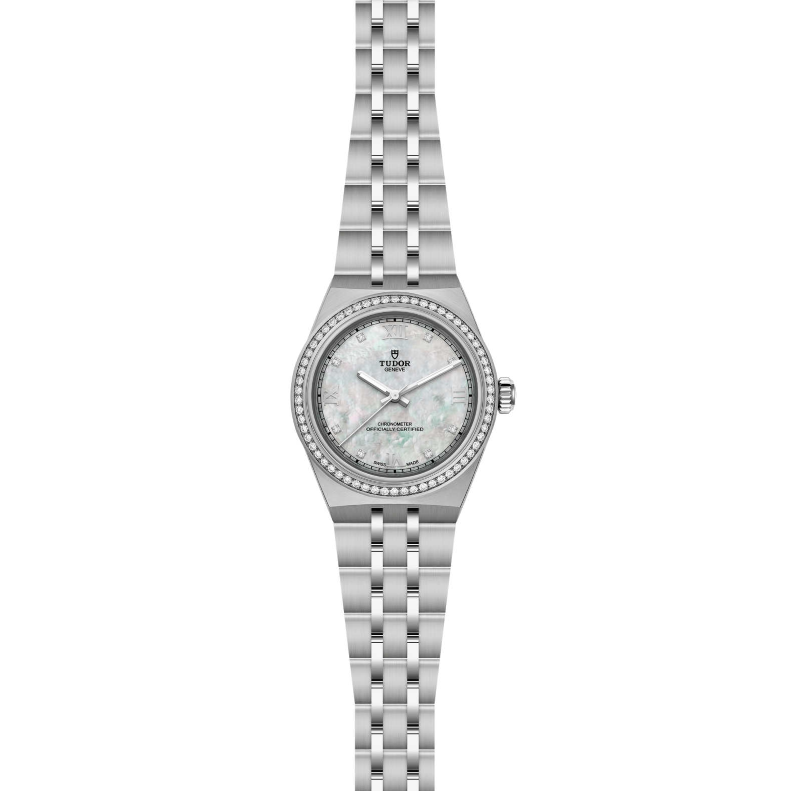 Silver watch with a detailed face on a white background