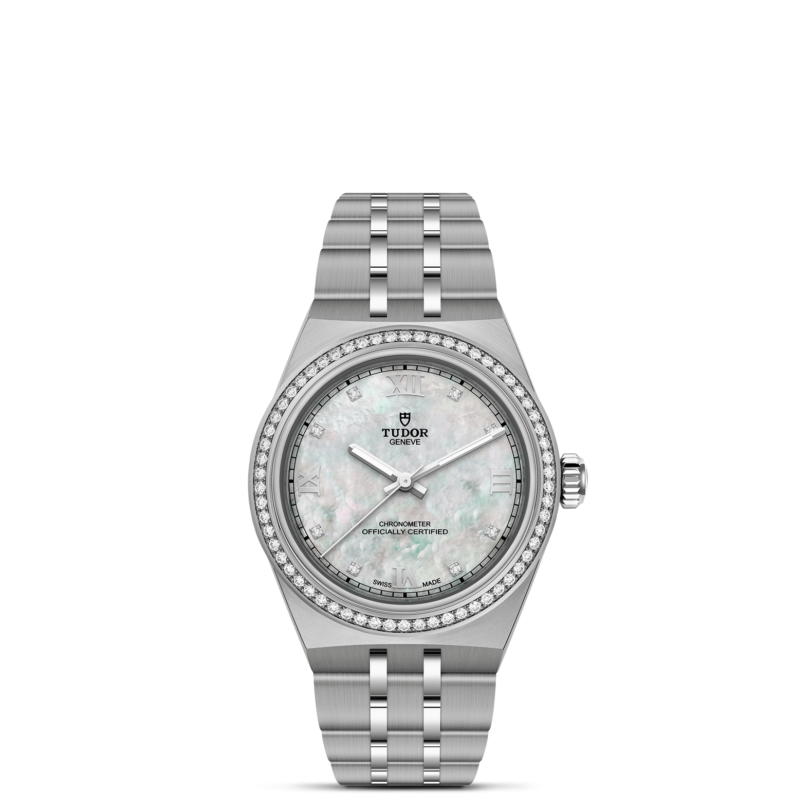 Silver Tudor watch with a mother of pearl face with a diamond bezel on a white background