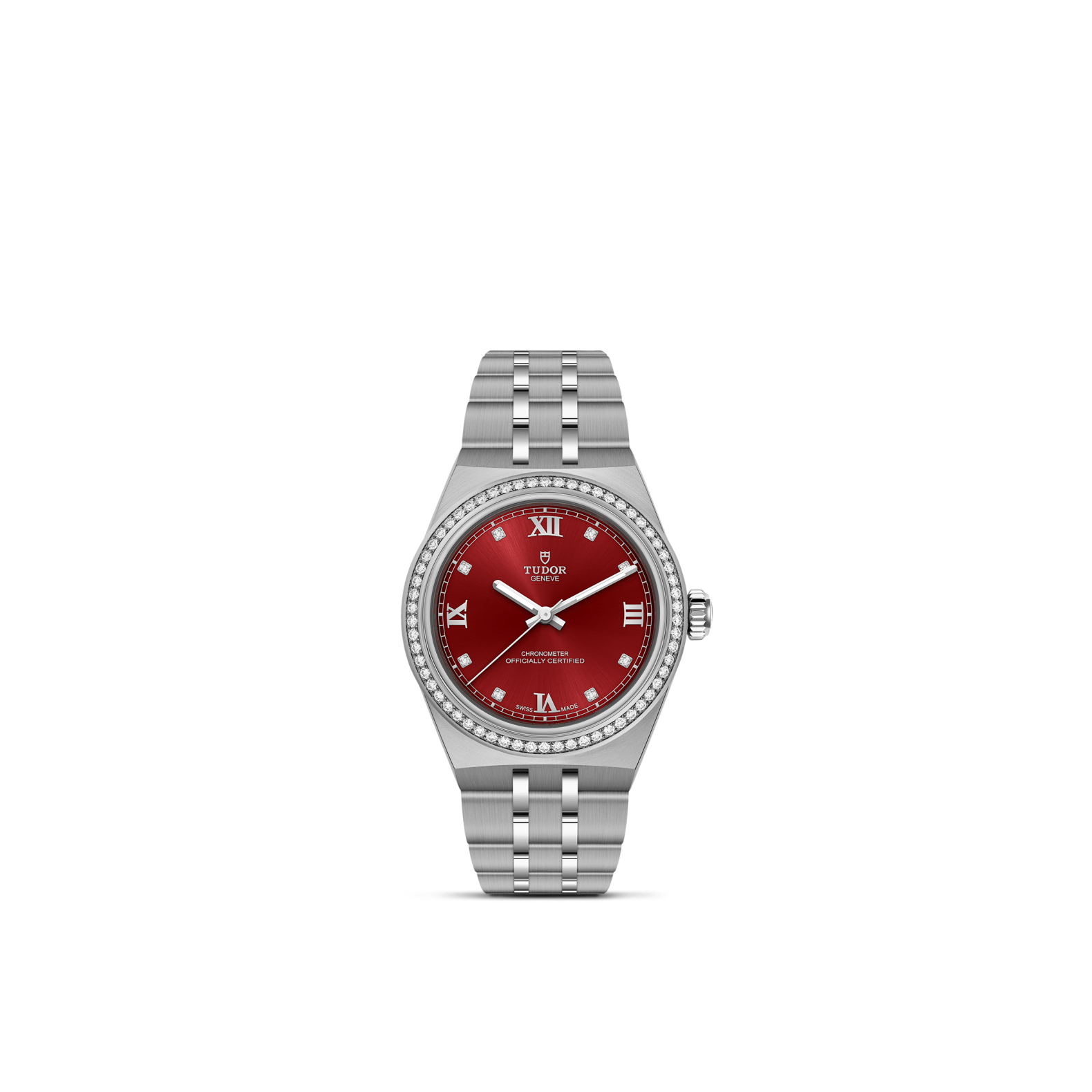 Tudor watch with burgundy dial, diamond bezel and silver bracelet on a white background