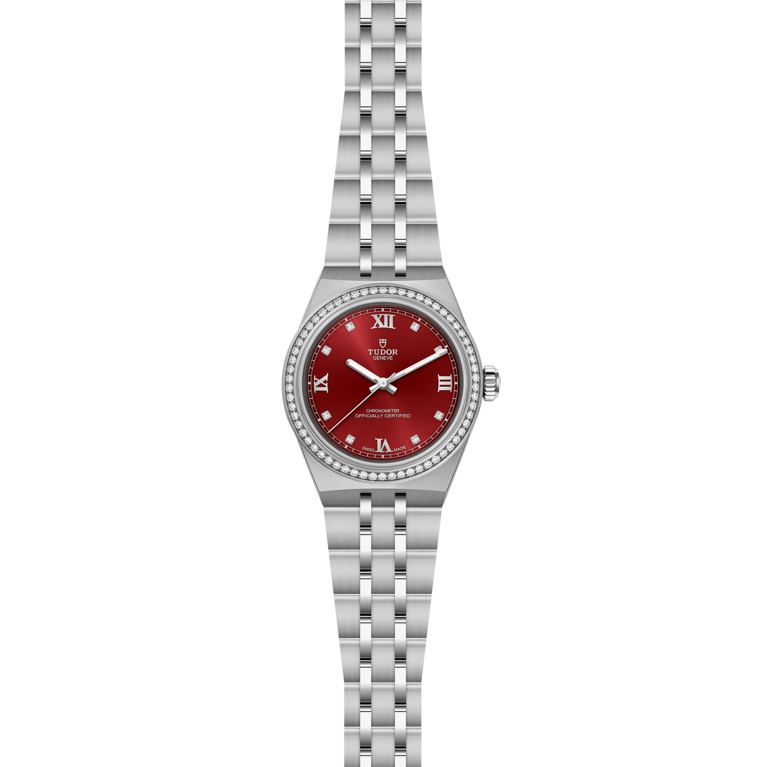 Tudor watch with burgundy dial, diamond bezel and silver bracelet on a white background