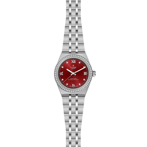 Tudor watch with burgundy dial, diamond bezel and silver bracelet on a white background