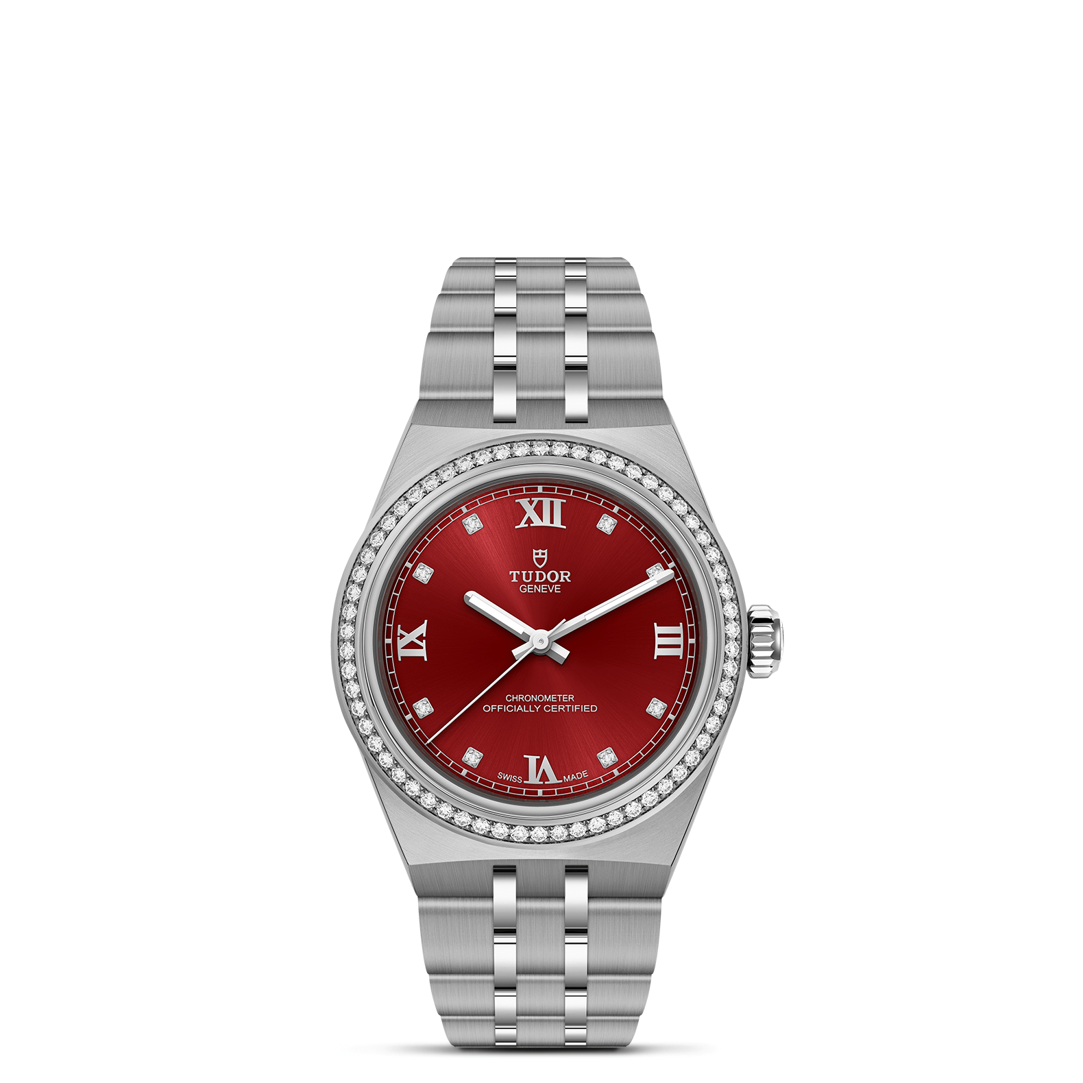 Tudor watch with burgundy dial, diamond bezel and silver bracelet on a white background