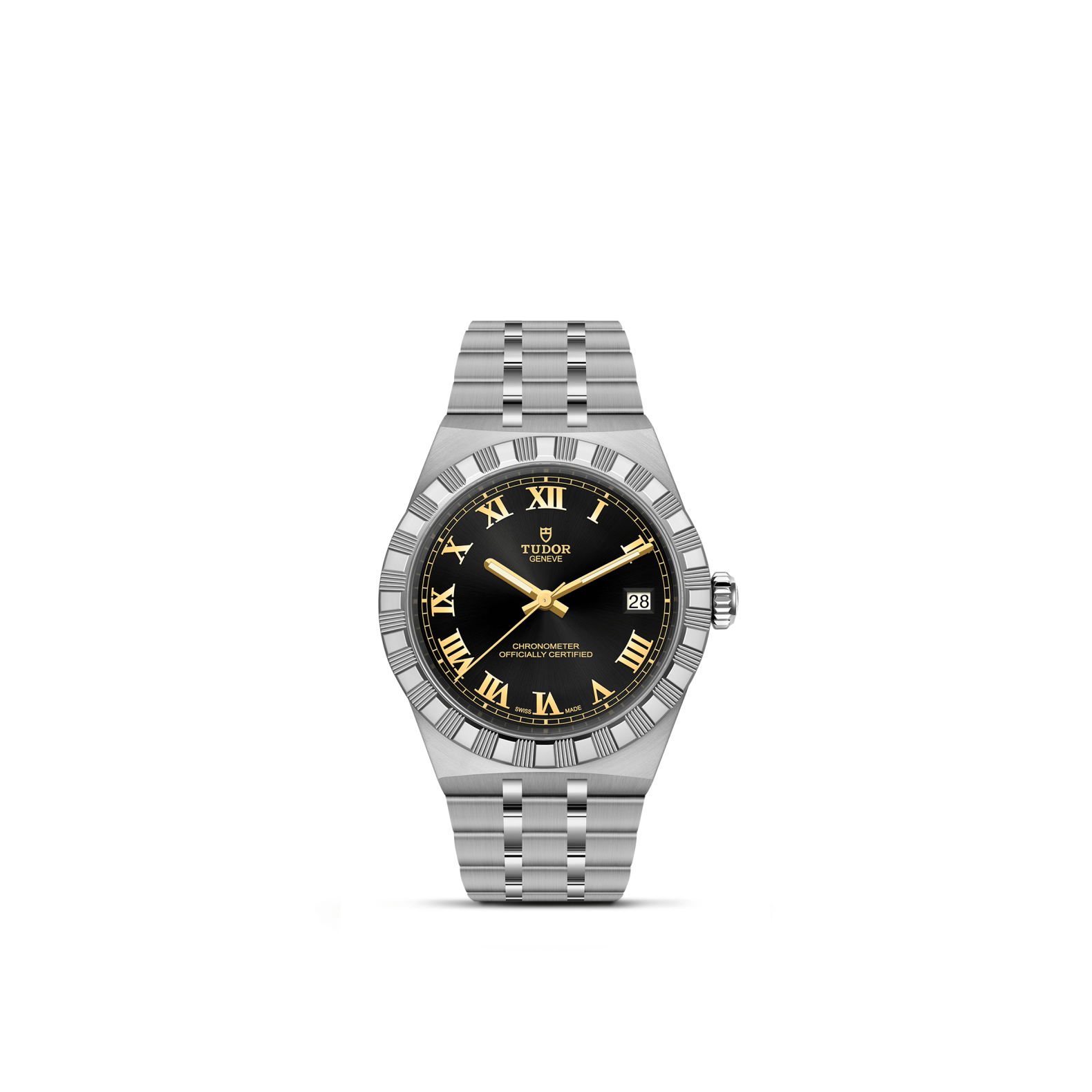 Front view of TUDOR Royal 36mm steel watch showcasing black dial with gold Roman numerals and hands, date at 3 o'clock, fluted bezel and stainless steel bracelet on white background