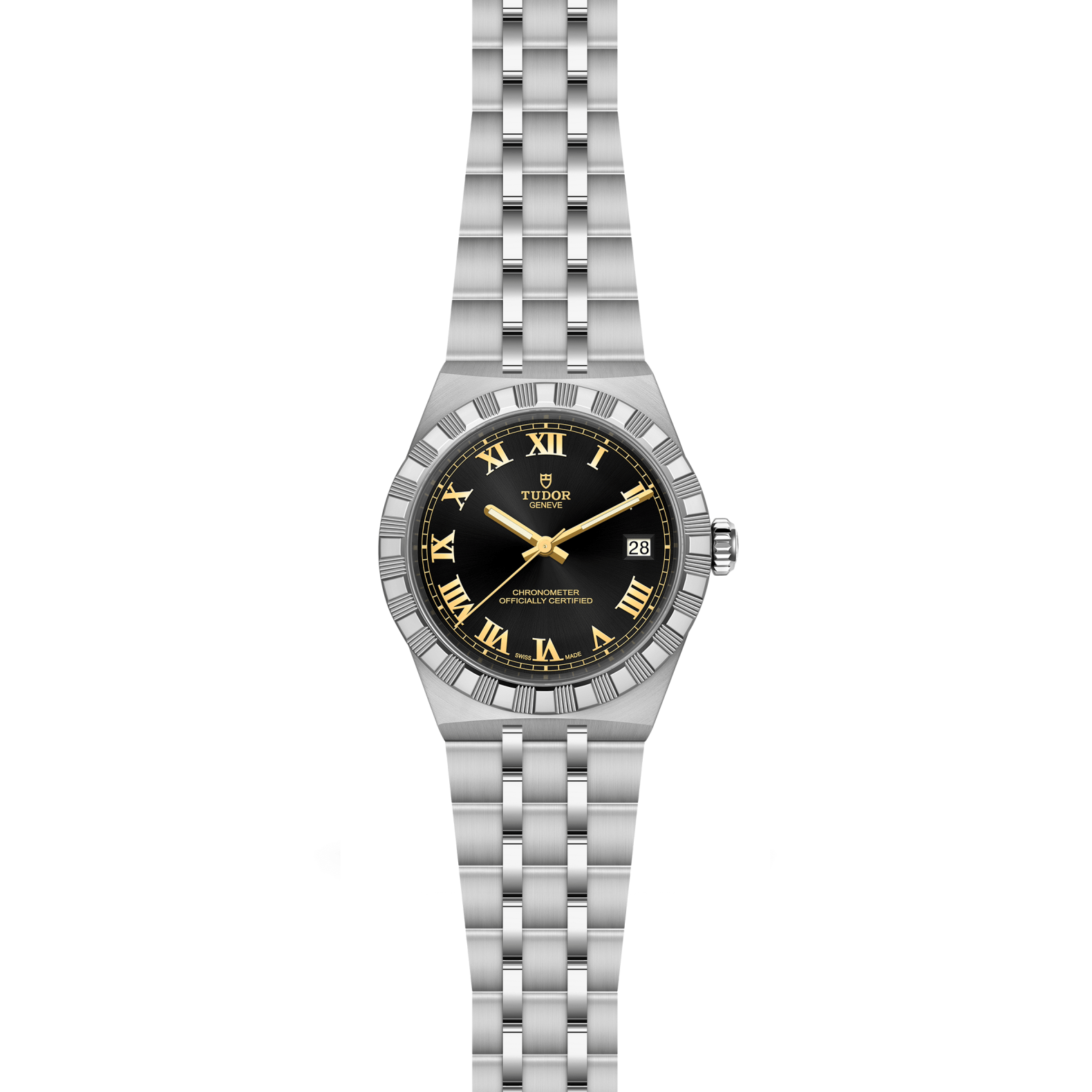 Front view of Tudor Royal 36mm steel watch with black dial, applied Roman numerals, and five-link stainless steel bracelet