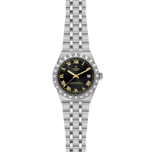 Front view of Tudor Royal 36mm steel watch with black dial, applied Roman numerals, and five-link stainless steel bracelet