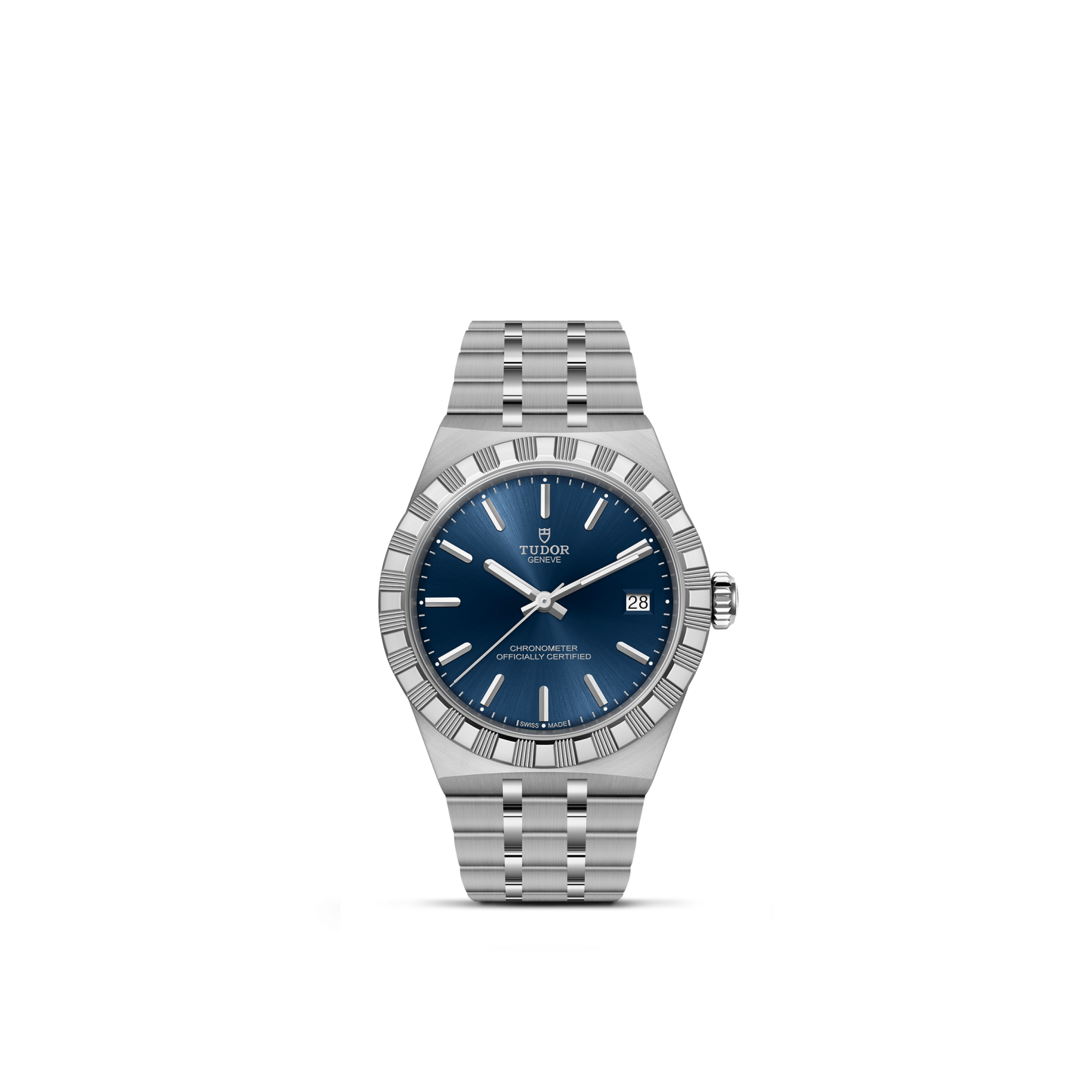 Front view of TUDOR Royal 36mm stainless steel watch with blue dial, stick markers and 5-link bracelet