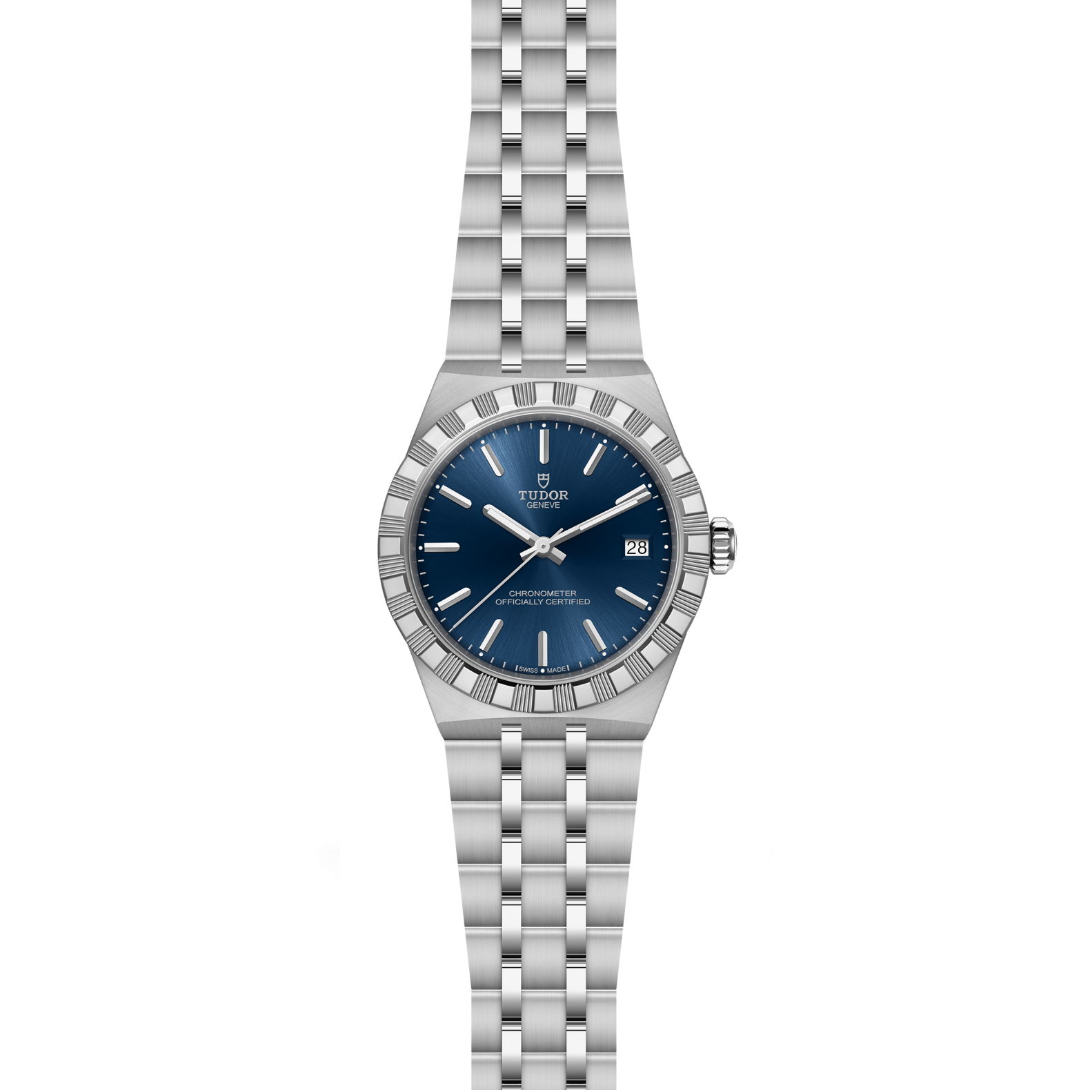 Front view of TUDOR Royal 36mm steel watch showcasing blue sunburst dial, fluted bezel, date at 3 on white background
