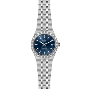 Front view of TUDOR Royal 36mm steel watch showcasing blue sunburst dial, fluted bezel, date at 3 on white background