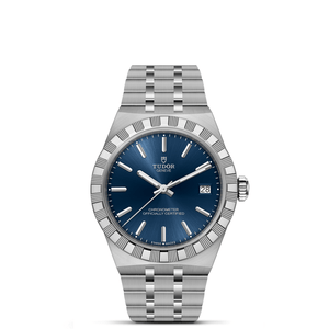Front view of TUDOR Royal 36mm stainless steel watch showcasing blue dial and five-link bracelet on white background