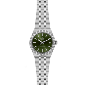 Silver watch with green dial on a white background