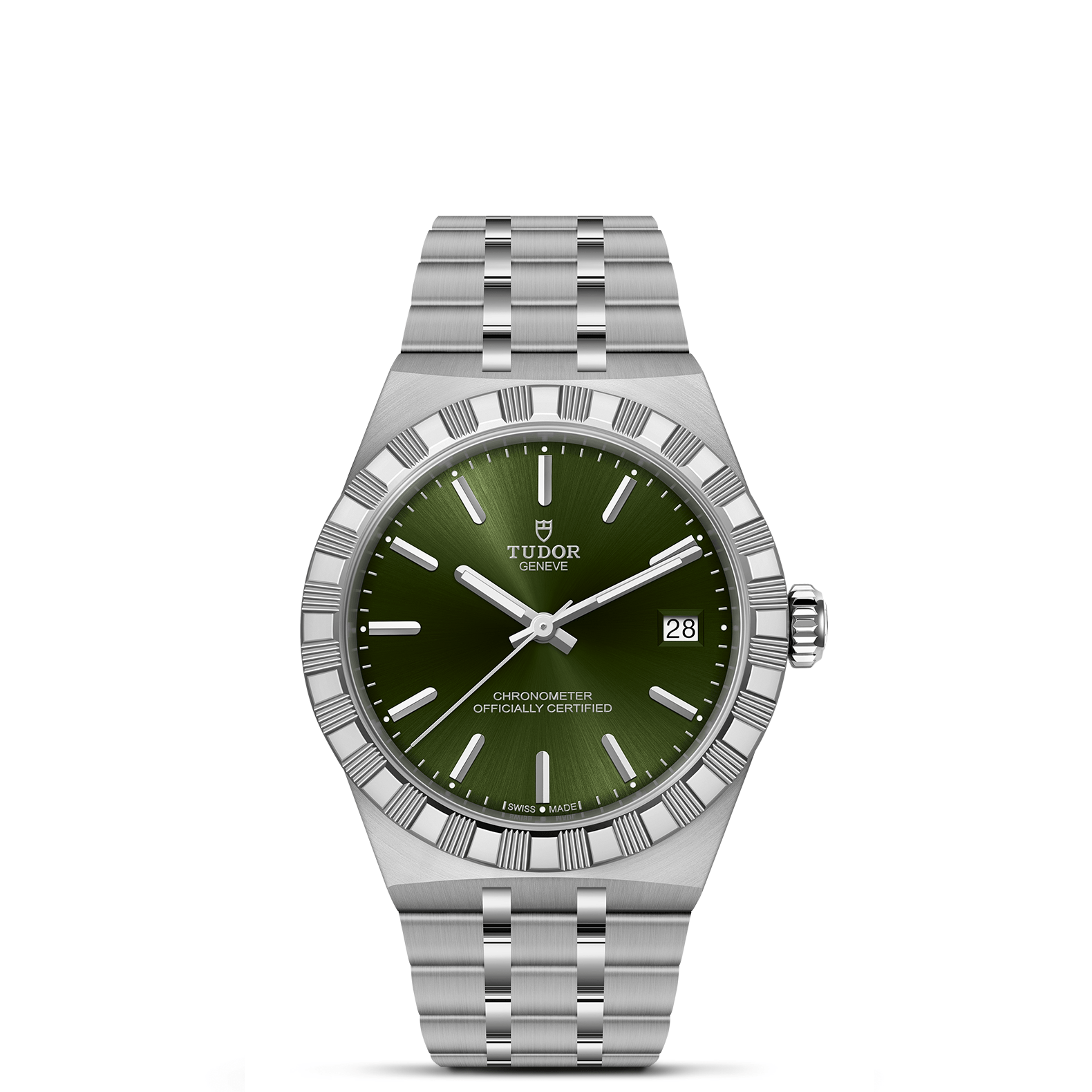 Silver watch with a green face on a white background