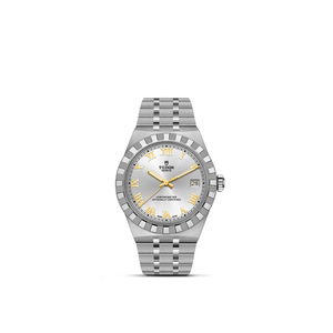 Front view of TUDOR Royal 36mm stainless steel watch showing silver sunray dial, gold Roman numerals and hands, date window at 3 o'clock on white background