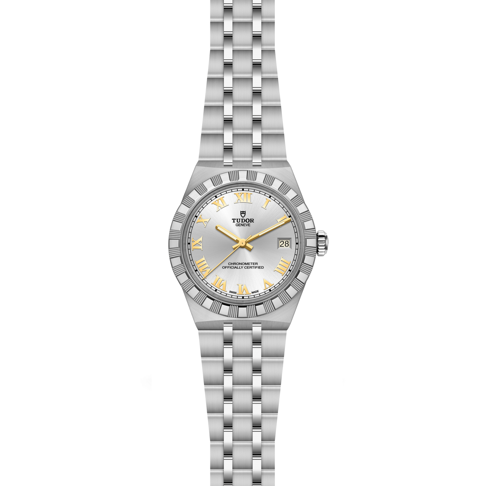 Front view of TUDOR Royal 36mm steel watch with silver dial, gold Roman numerals, date at 3 o'clock, five-link bracelet on white background