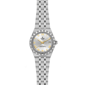 Front view of TUDOR Royal 36mm steel watch with silver dial, gold Roman numerals, date at 3 o'clock, five-link bracelet on white background