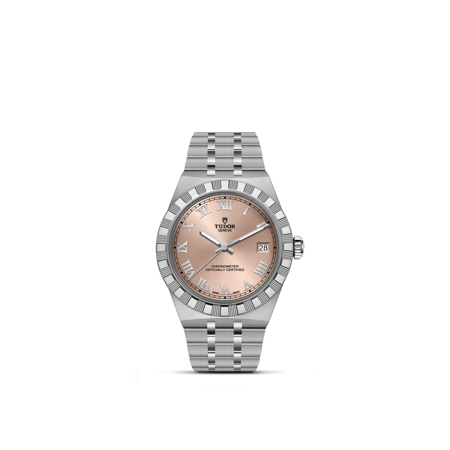 Front view of TUDOR Royal 36mm steel watch showing salmon dial and integrated 5-link stainless steel bracelet on white background