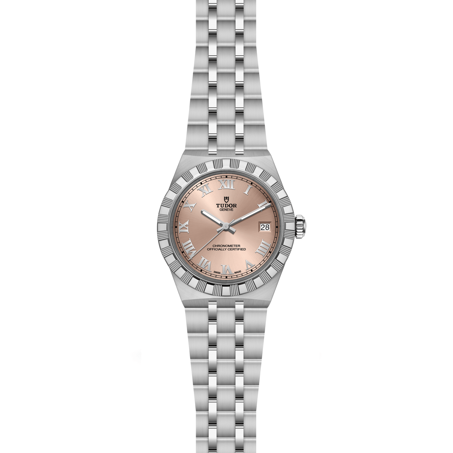 Front view of TUDOR Royal 36mm steel watch showcasing salmon rose-gold dial and five-link stainless steel bracelet on white background