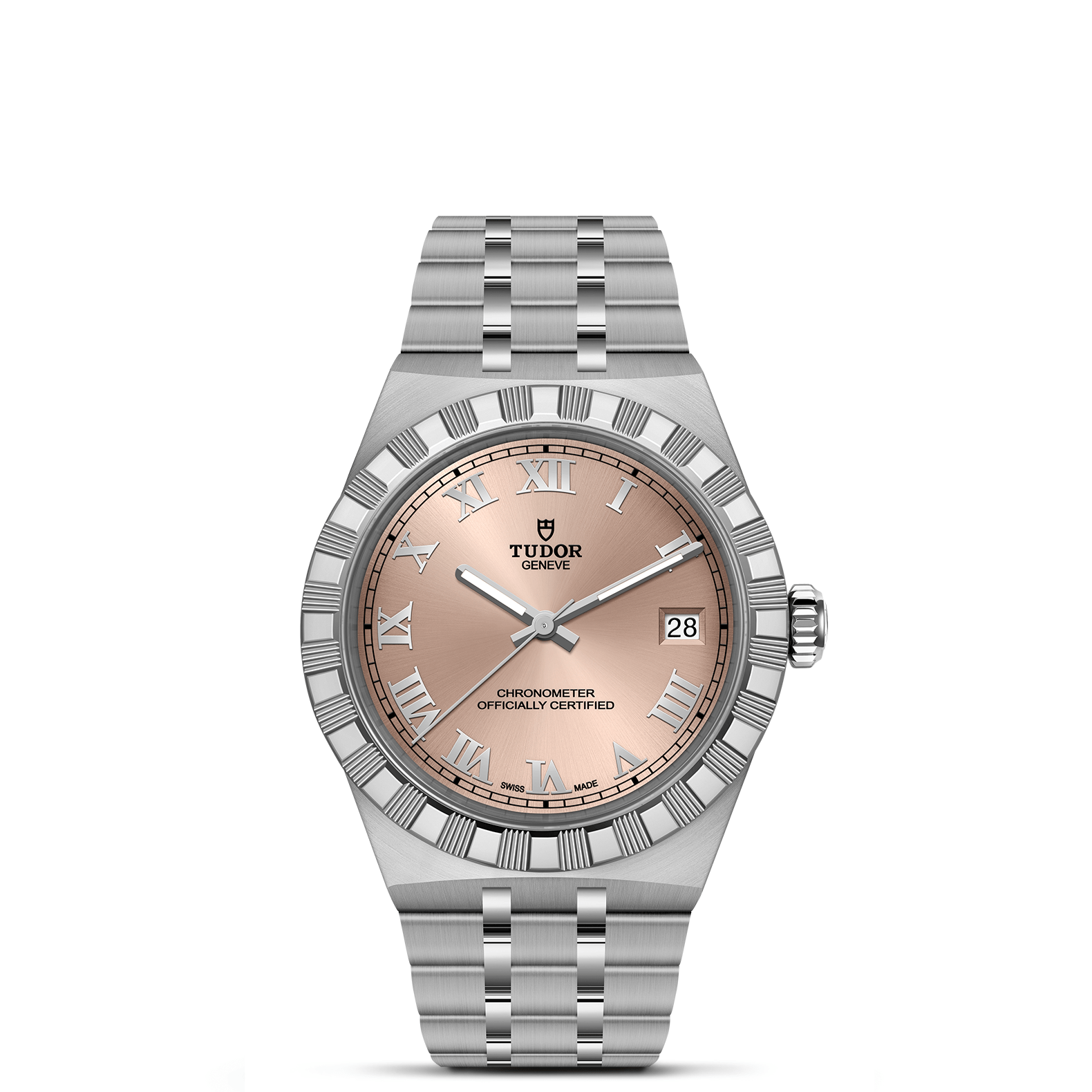 Front view of TUDOR Royal 36mm steel watch showing salmon dial, diamond bezel, and stainless steel bracelet on white
