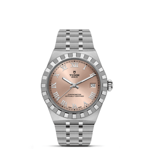 Front view of TUDOR Royal 36mm steel watch showing salmon dial, diamond bezel, and stainless steel bracelet on white