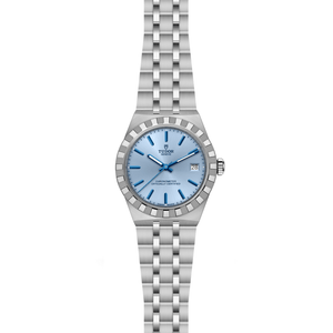 Silver watch with a blue face on a white background