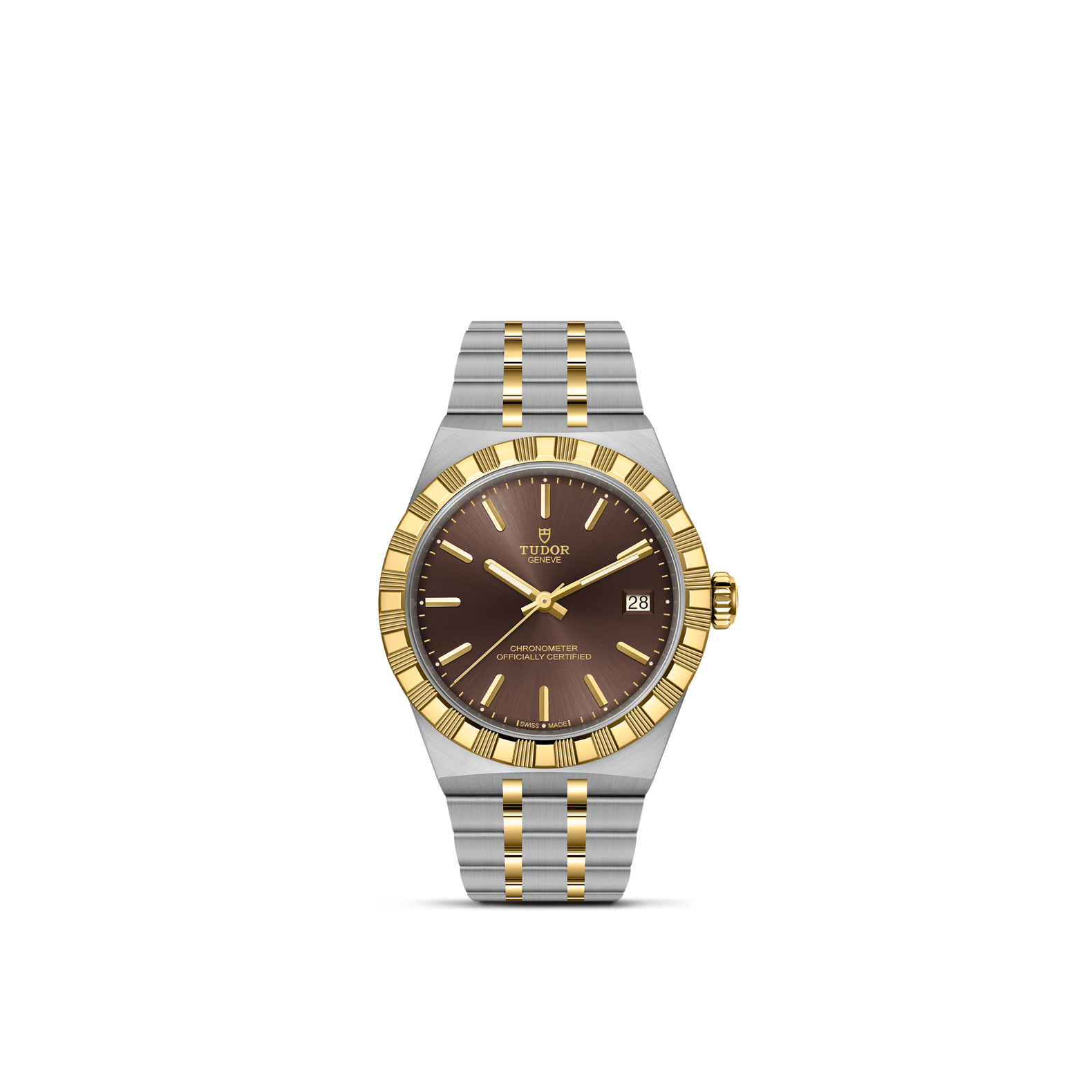 Front view of TUDOR Royal 36mm steel and yellow gold watch with brown dial, gold fluted bezel, date at 3 o'clock on white background