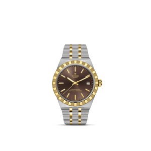 Front view of TUDOR Royal 36mm steel and yellow gold watch with brown dial, gold fluted bezel, date at 3 o'clock on white background