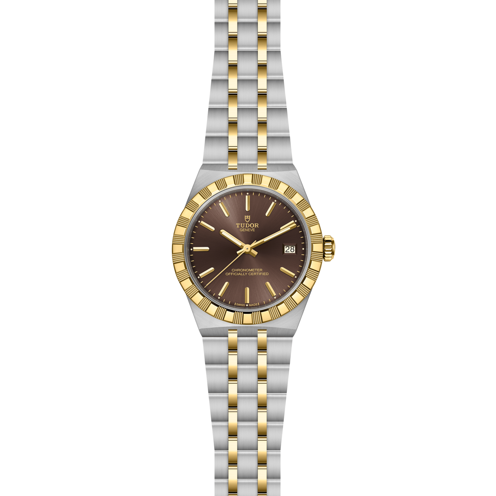 Two-tone watch with brown dial on a white background