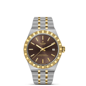 Front view of TUDOR Royal 36mm steel and yellow gold watch showcasing brown dial and two-tone 5-link bracelet on white background