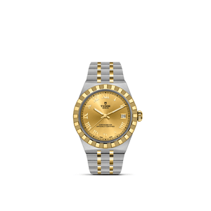 Two-tone watch with gold face and silver bracelet on a white background