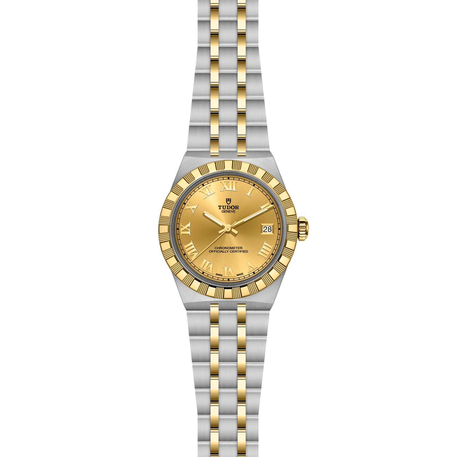 Two-tone watch with gold and silver band on a white background