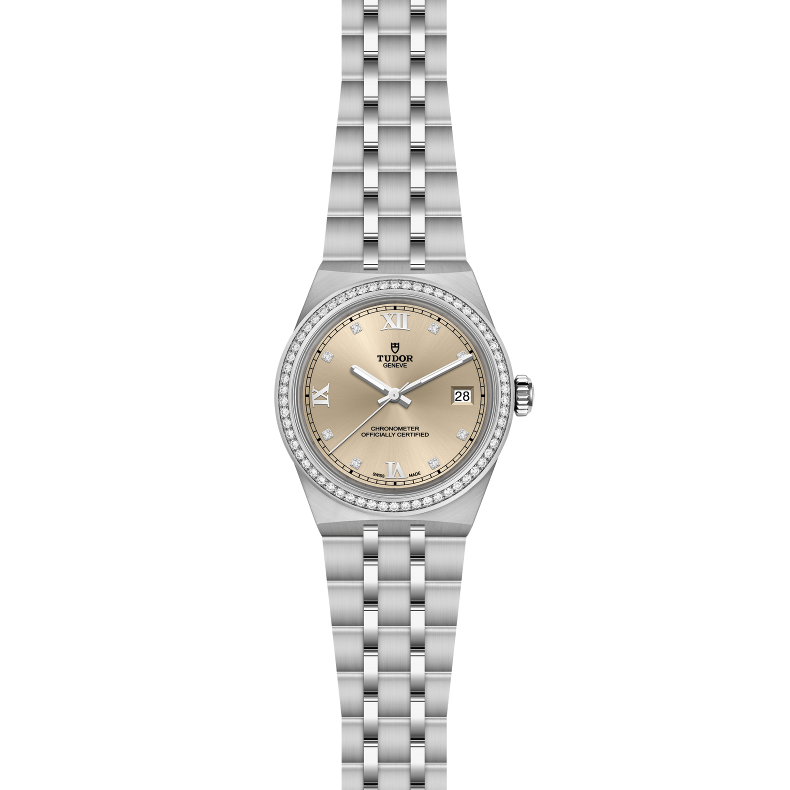 Silver watch with a beige face on a white background