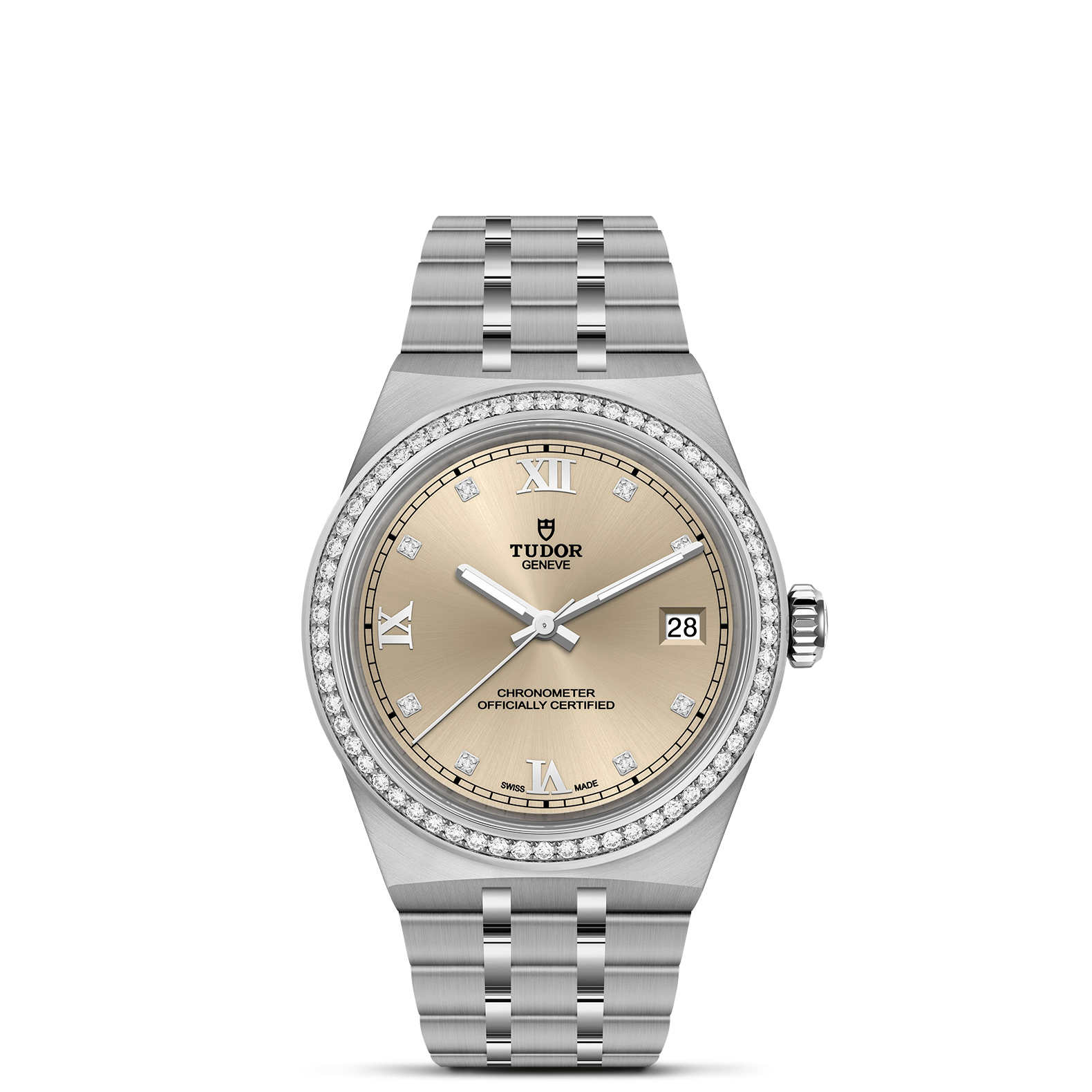 Tudor stainless steel watch with diamond bezel and ivory face on a white background.