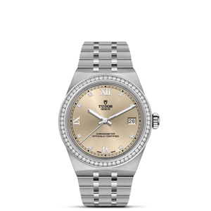 Tudor stainless steel watch with diamond bezel and ivory face on a white background.