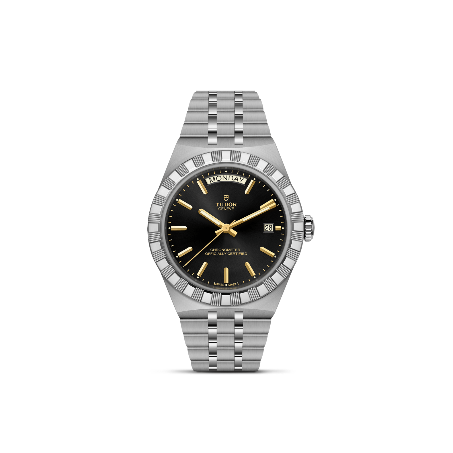 Front view of TUDOR Royal 40 mm steel watch showing black sunray dial, gold hands, and day-and-date windows on a white background