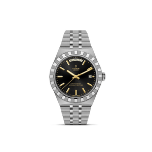 Front view of TUDOR Royal 40 mm steel watch showing black sunray dial, gold hands, and day-and-date windows on a white background