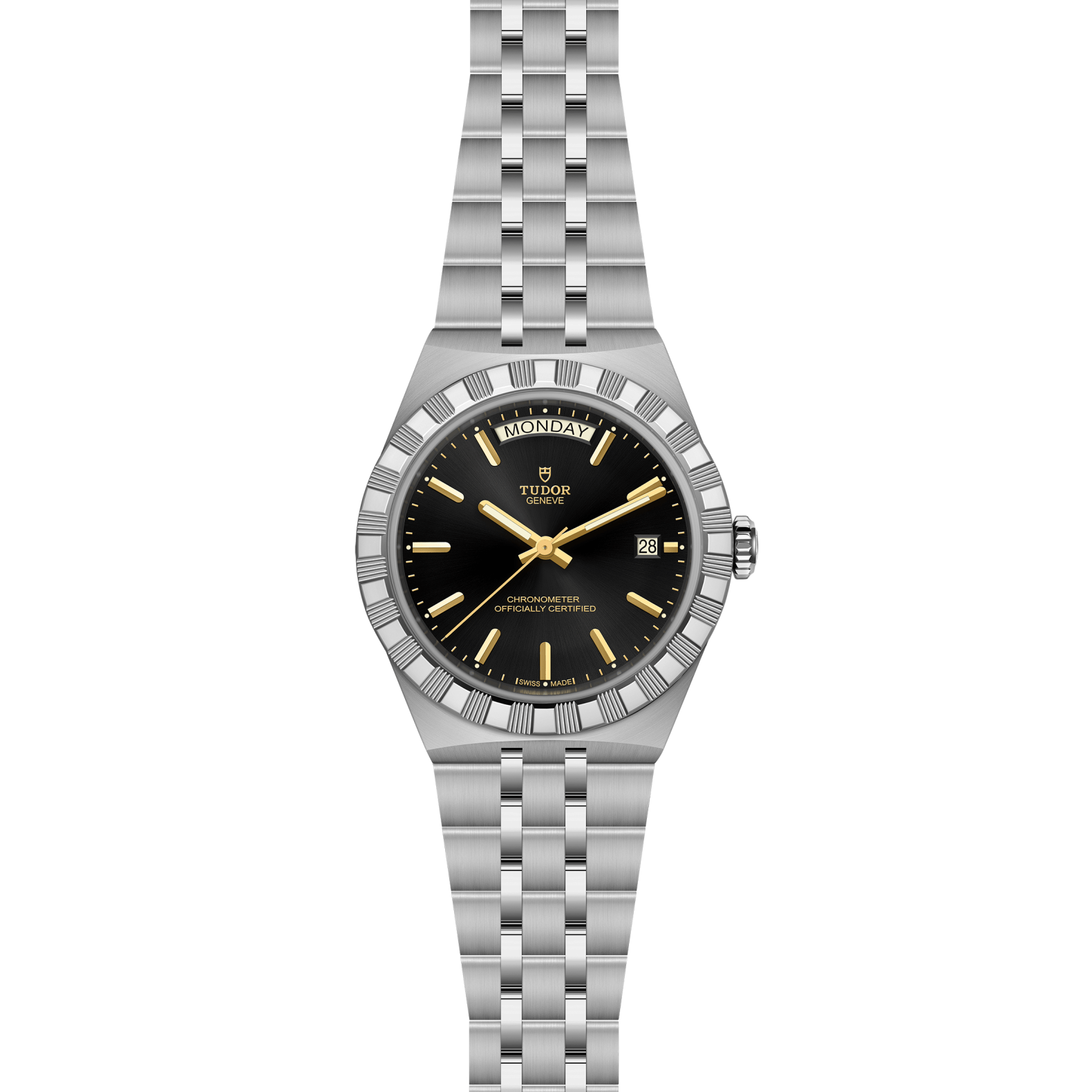 Front view of TUDOR Royal 40mm steel watch with black dial, gold hour markers, and five-link steel bracelet