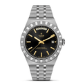 Tudor watch with black dial and silver bracelet on a white background