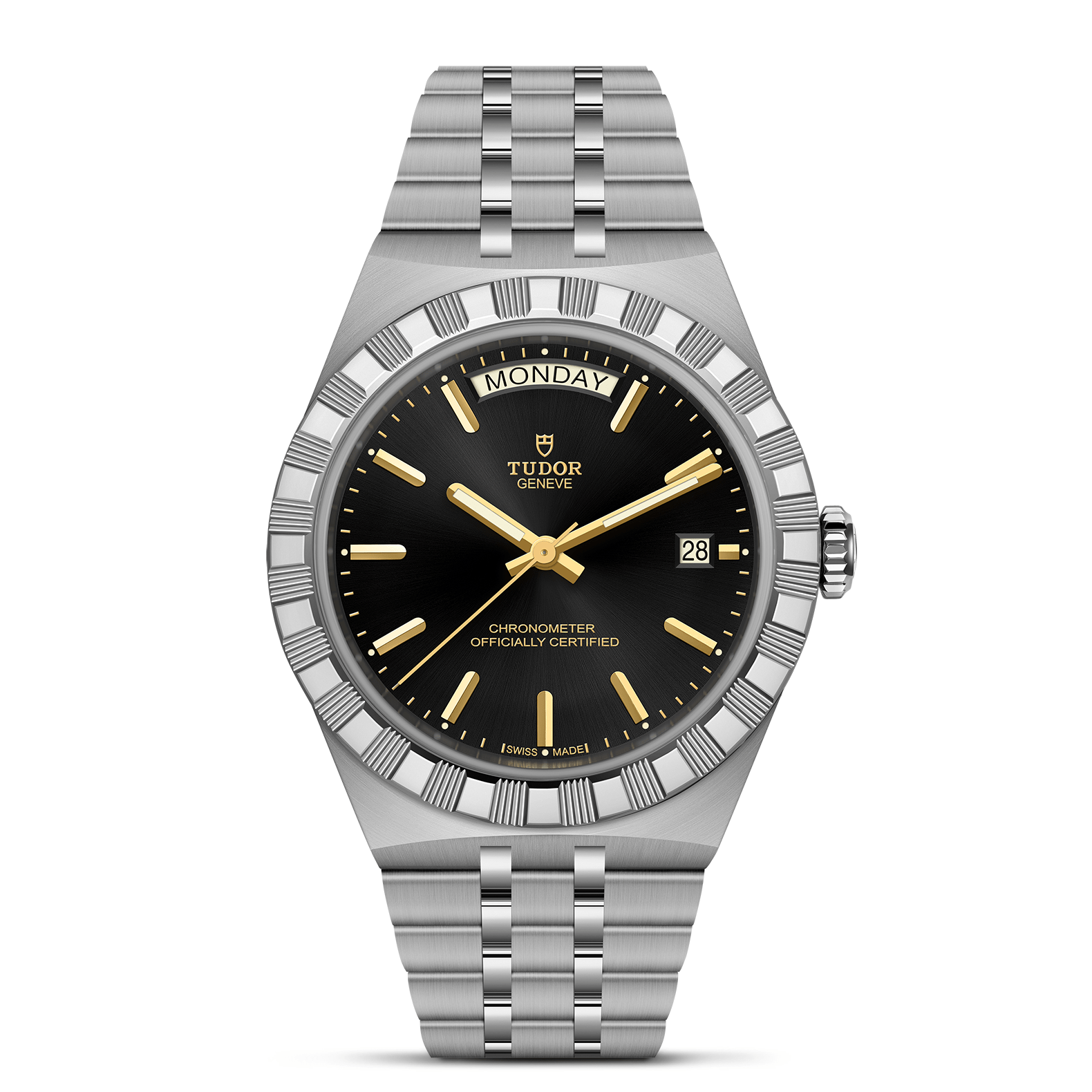 Tudor watch with black dial and silver bracelet on a white background