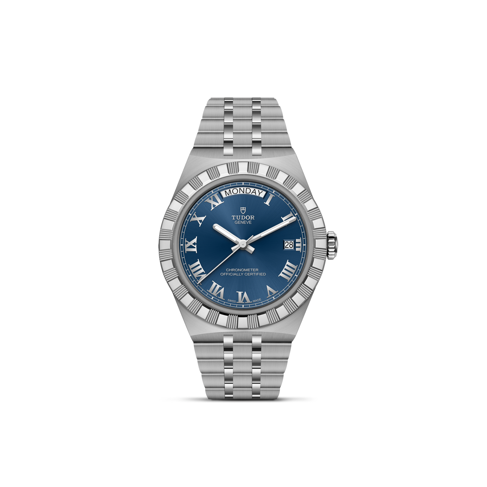 Front view of TUDOR Royal 40mm steel watch showcasing blue dial with Roman numerals and steel 5-link bracelet on white background