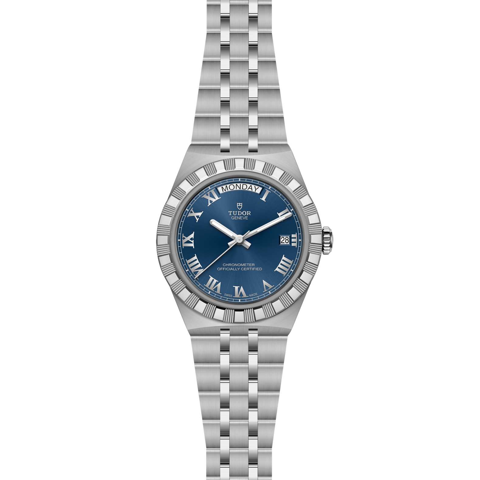 Front view of TUDOR Royal 40mm steel watch showcasing blue dial with Roman numerals and 5-link stainless bracelet on white
