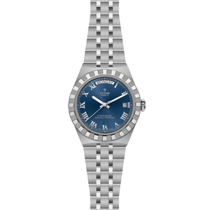 Front view of TUDOR Royal 40mm steel watch showcasing blue dial with Roman numerals and 5-link stainless bracelet on white