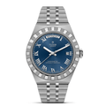 Front view of TUDOR Royal 40mm steel watch showing blue dial with Roman numerals and 5-link stainless steel bracelet