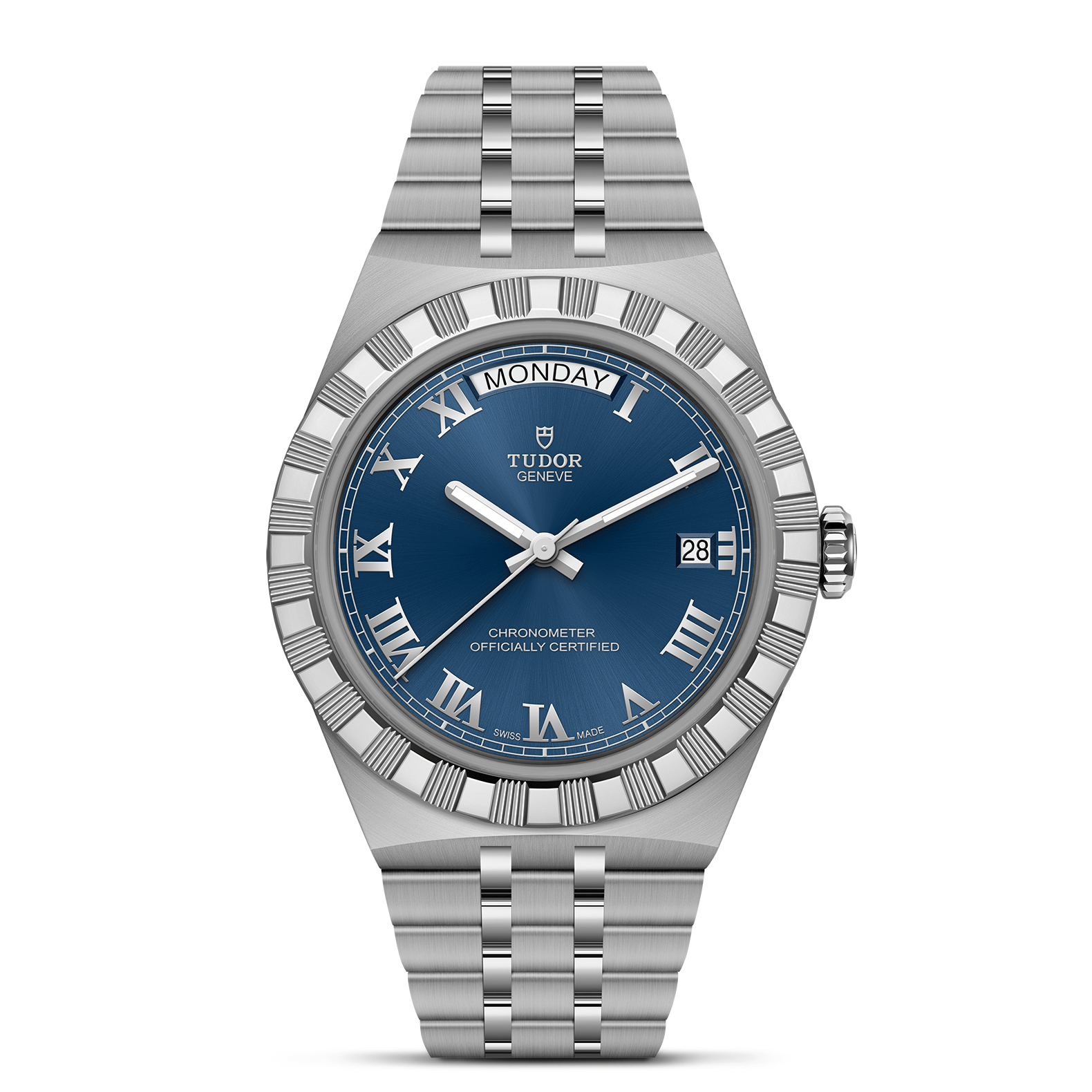 Front view of TUDOR Royal 40mm steel watch showing blue dial with Roman numerals and 5-link stainless steel bracelet