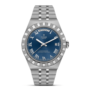 Front view of TUDOR Royal 40mm steel watch showing blue dial with Roman numerals and 5-link stainless steel bracelet