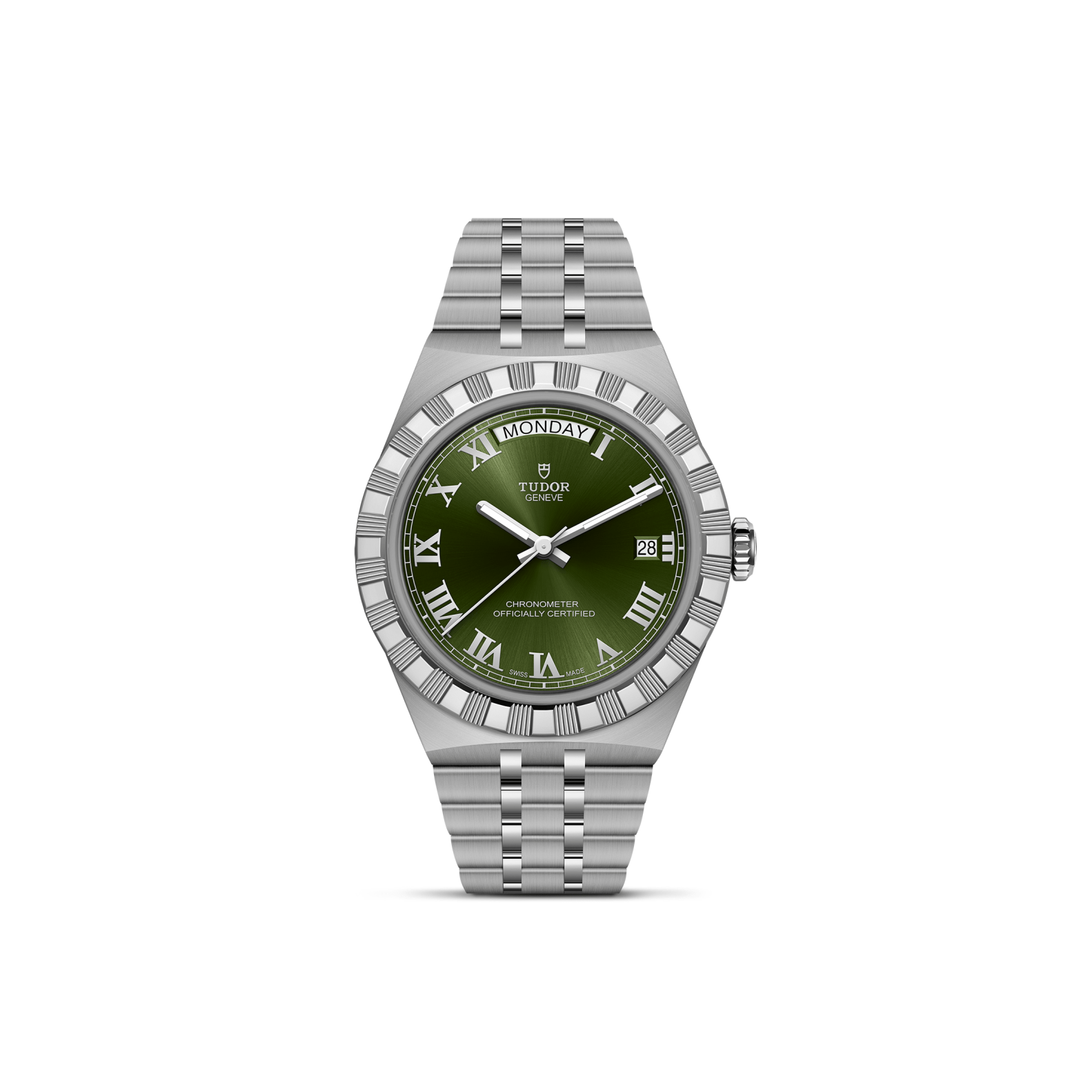 Front-facing TUDOR Royal 40mm Steel watch with green dial, Roman numerals, and stainless 5-link bracelet on white background