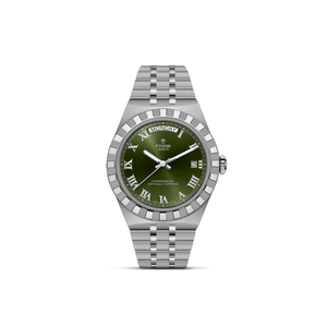 Front-facing TUDOR Royal 40mm Steel watch with green dial, Roman numerals, and stainless 5-link bracelet on white background