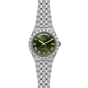 Front view of TUDOR Royal 40mm steel watch with green dial, Roman numerals, day and date windows on white background